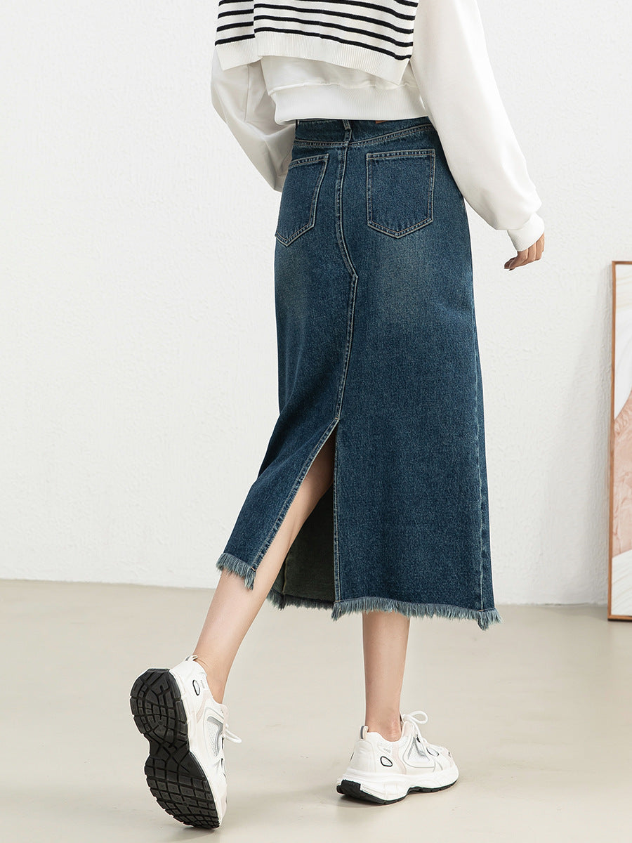 Women's Retro High Waist Raw Hem Denim Skirt