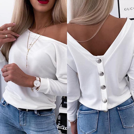 Women's White Backless Long Sleeves Top