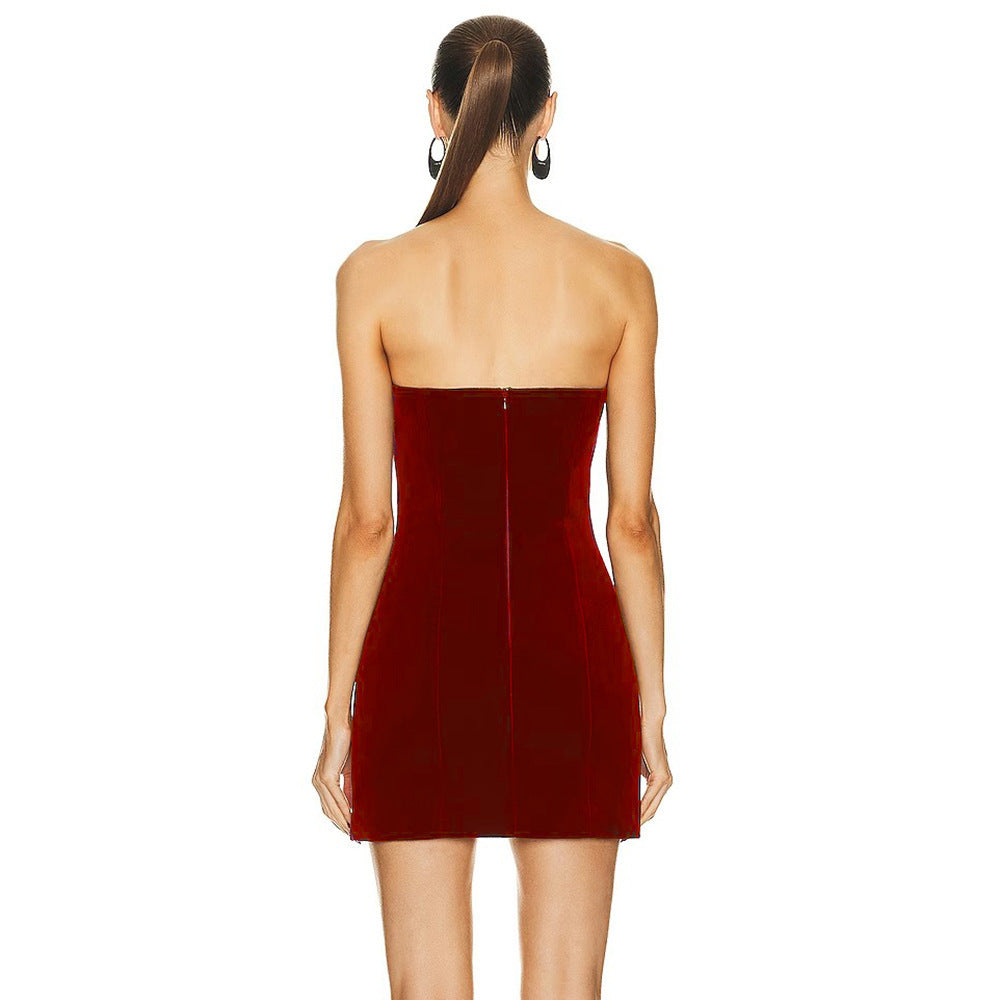 Women's Wine Red Hollowed Heart Shape Diamond Tube Top Dress