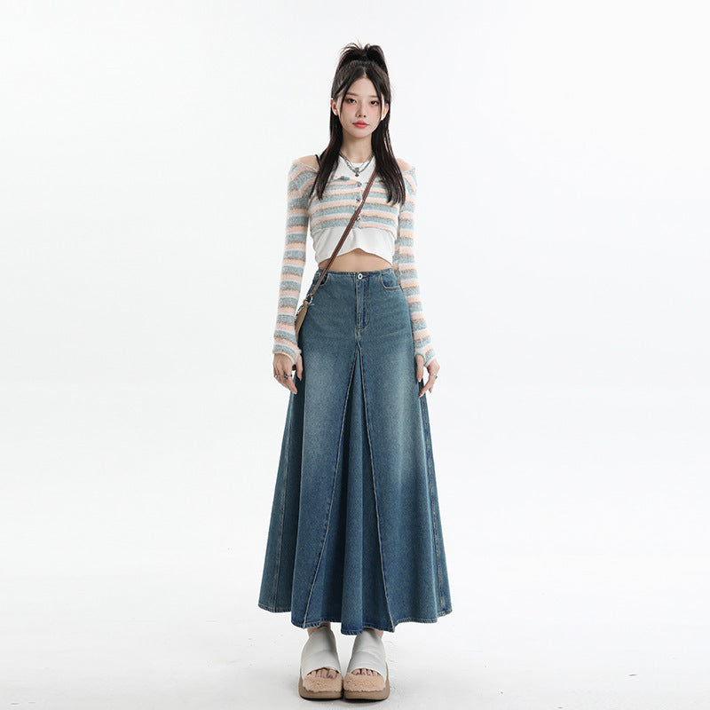 American Style Retro Big Swing Denim Spring New High Waist A- Line Slimming Mid-length Skirt