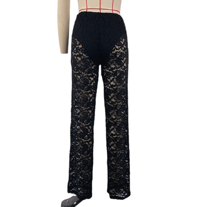 Summer Lace See-through High Waist Stitching Long Straight-leg Pants