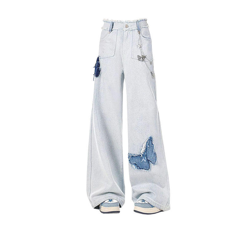 Vintage Butterfly Paste Cloth Embroidery Jeans Straight-leg Wide-leg Pants