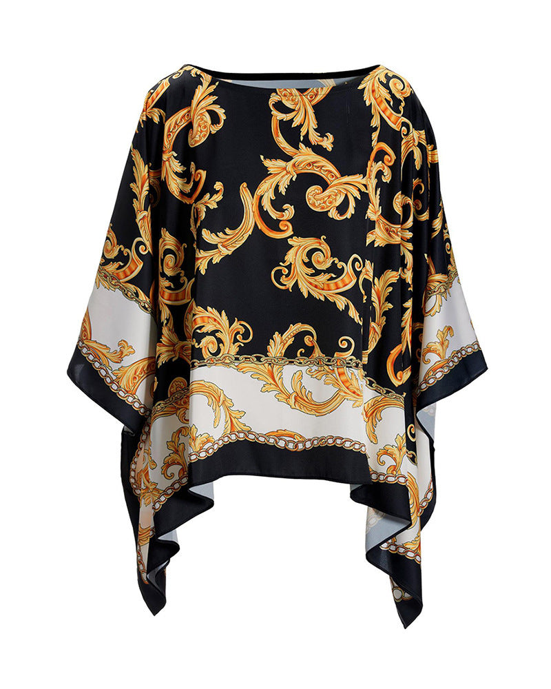 Women's Baroque Print Loose Batwing Sleeve Top