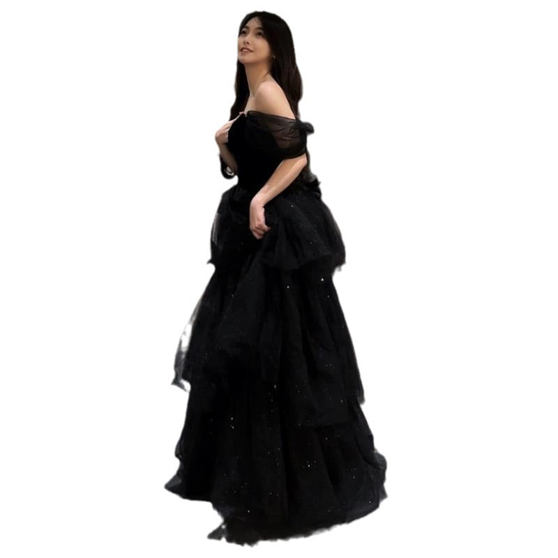 Vestido de noche negro Pettiskirt estilo francés minoritario de lujo ligero