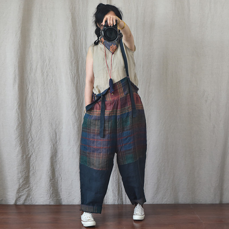 Fashion Patchwork Linen Leisure Suspender Pants