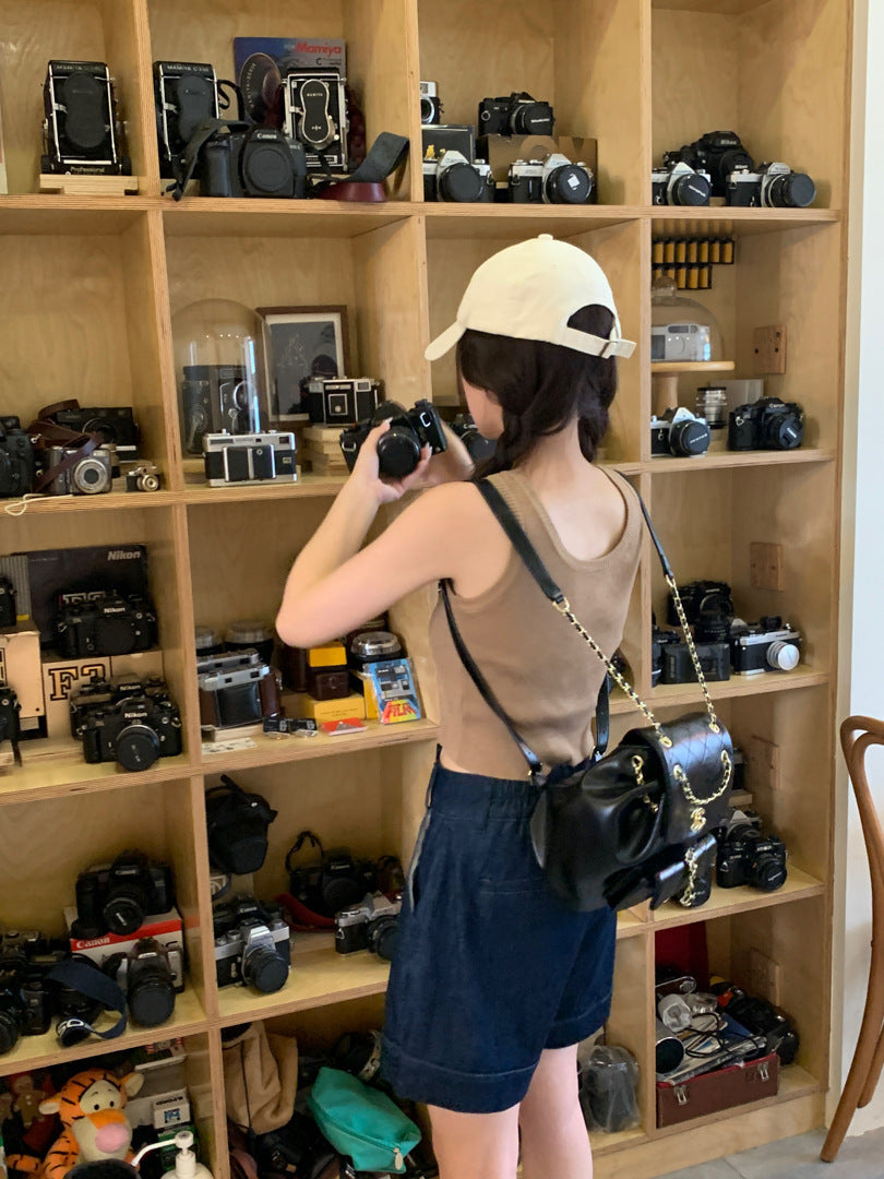 Short en jean taille haute à jambes larges pour femme