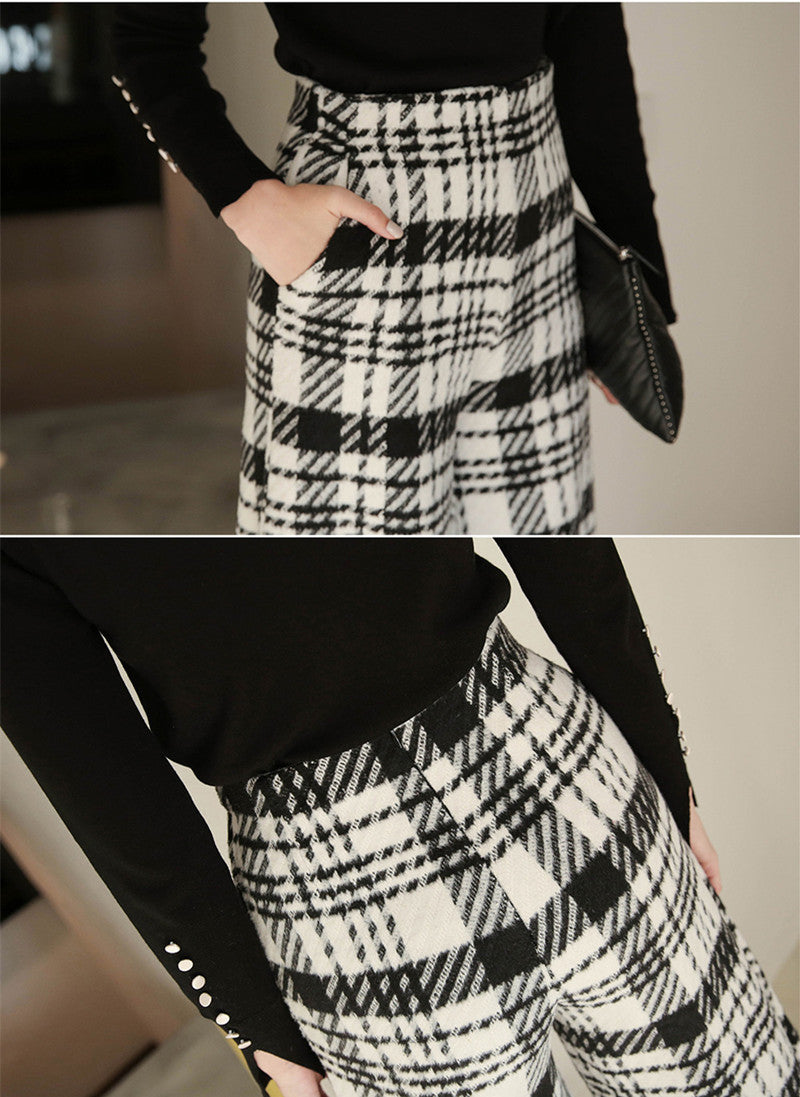 Temperament Black And White Houndstooth Slim-fit Wide-legged Pants