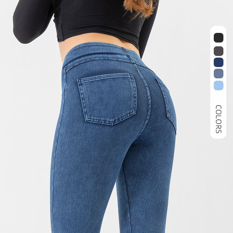 Pantalones de yoga de mezclilla Pantalones casuales ajustados deportivos de bolsillo adelgazante de cintura alta para mujer