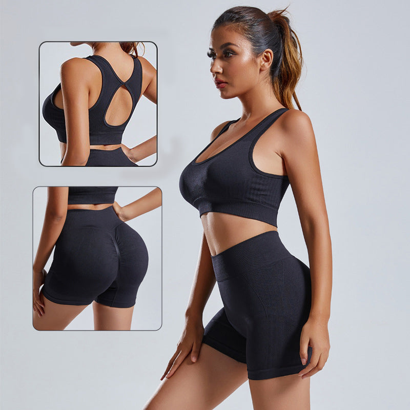 Conjunto de 2 uds de Yoga, chaleco y pantalones cortos para mujer, chándal para ejercicio sin costuras, ropa deportiva para gimnasio, mallas de cintura alta, trajes deportivos para Fitness