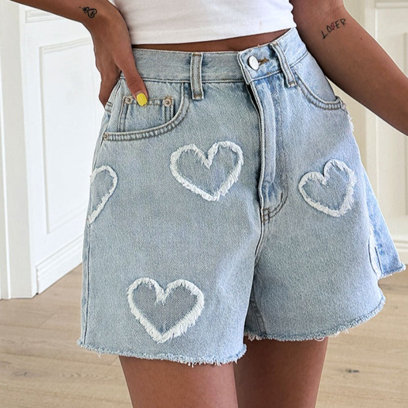 Cute Frayed Heart Pattern Light Color And Water Scrubbing High Waist Denim Shorts