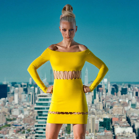 Yellow Long Sleeved Hollowed Out Chain Bandage Mini Dress