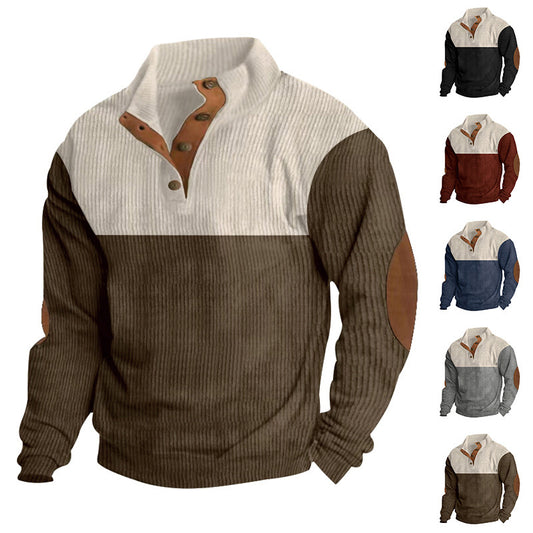 Sudadera informal de manga larga con cuello levantado y botones para hombre, Tops holgados con diseño de bloques de colores a la moda