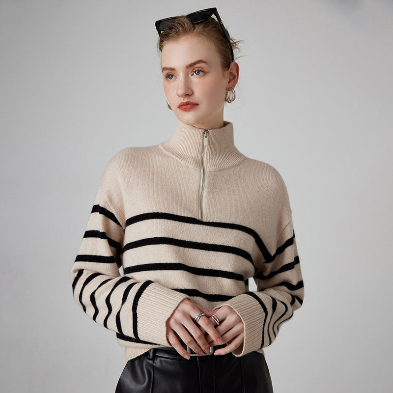 Women's Thick Black And White Striped Zipper Turtleneck Cashmere Sweater