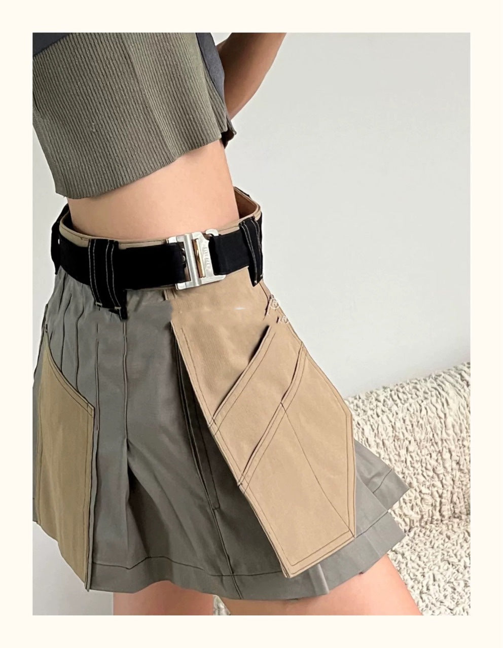 Functional Workwear Style Girl Army Green Low Waist Pleated Skirt