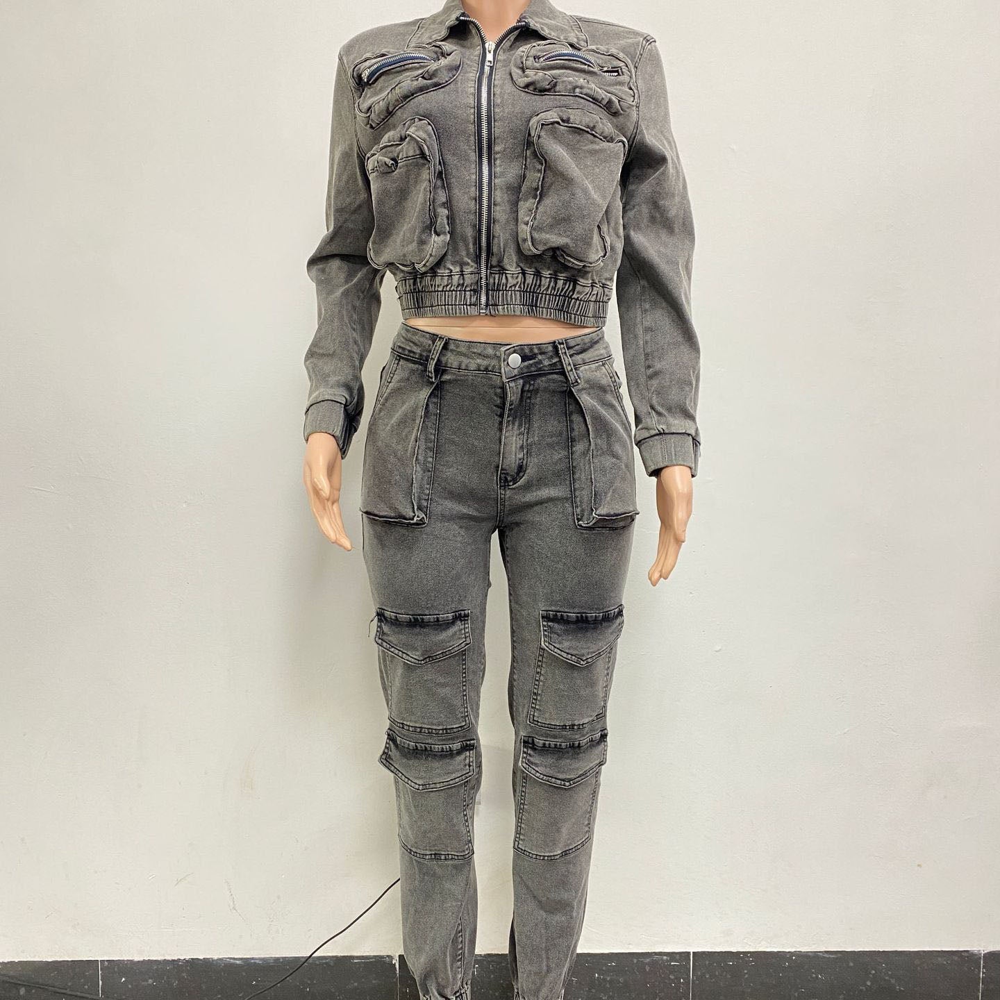 Costume décontracté en Denim délavé multi-poches pour femmes, ensemble deux pièces Sexy et très extensible