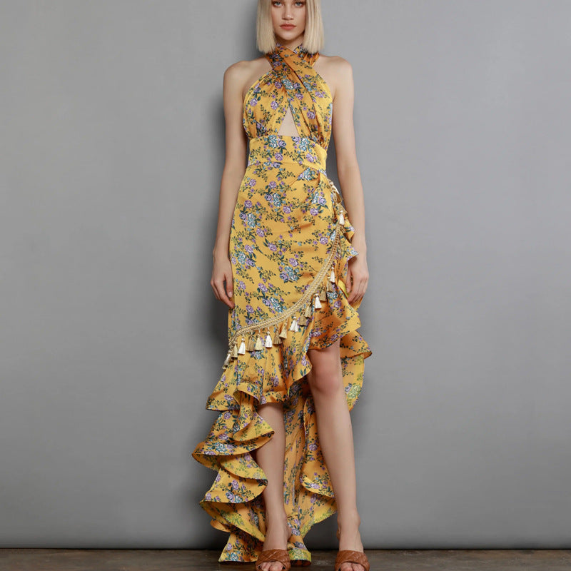 Robe longue imprimée à fleurs, dos nu, dos nu, pour femmes