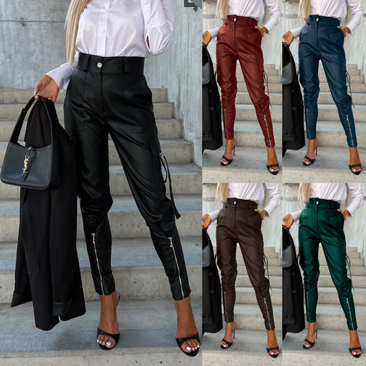 Pantalones de cuero ajustados a la moda, pantalones con diseño de cremallera y bolsillos para mujer