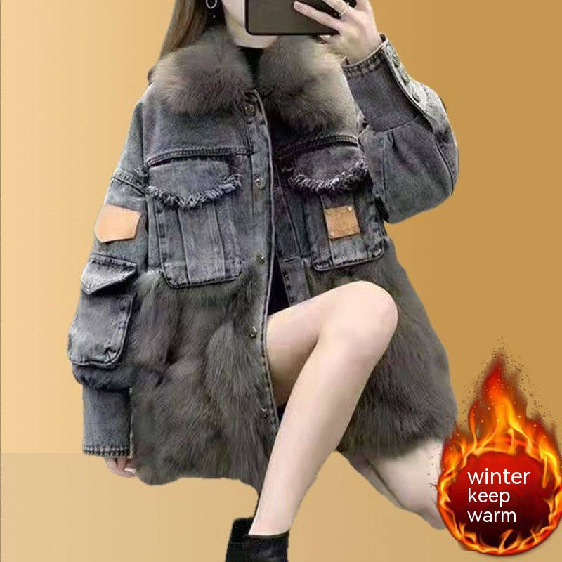 Denim Imitation Fox Fur Young Parka Women's Mid-length Fur Imitation Down