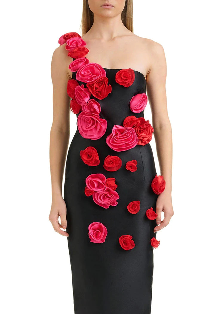 Fashion Shoulder Belt Flowers Bandage One-piece Dress Women