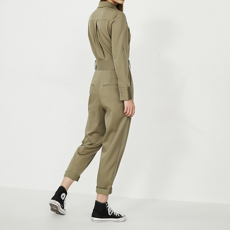 Workwear Style Simple Rivet Slim Solid Color Jumpsuit Women