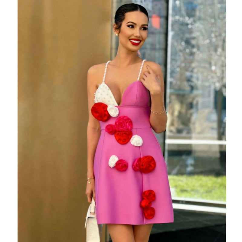 Robe à bretelles en perles et fleurs tridimensionnelles pour femmes, tempérament à la mode