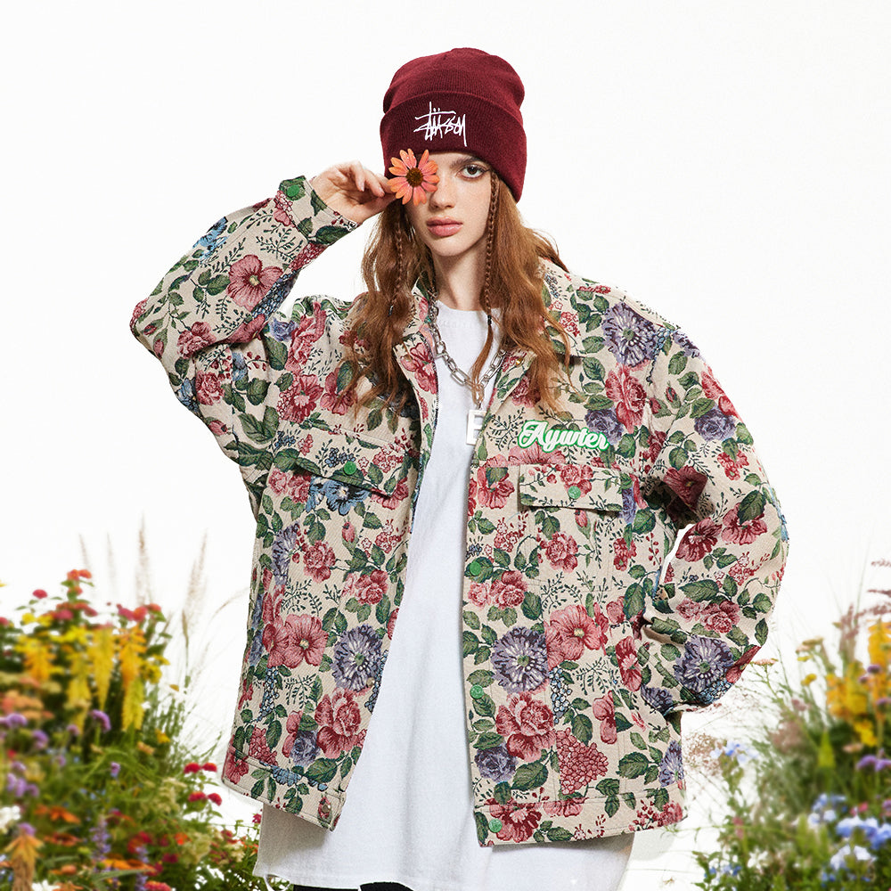 American Retro Veste ample à fleurs teints en fil entièrement imprimé