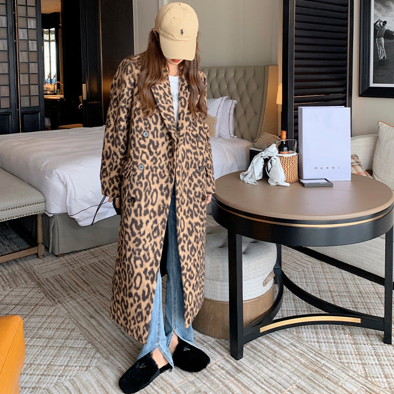 Abrigo largo de lana con estampado de leopardo de invierno para mujer