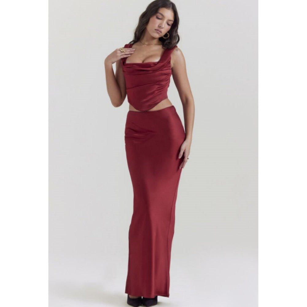 Femmes couleur unie Sexy fille chaude sans manches fronde haut taille haute rouge jupe serrée 2 pièces costume