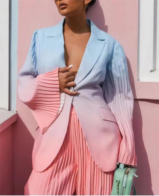 Blazer de color degradado con un botón y manga larga con cuello de otoño para mujer