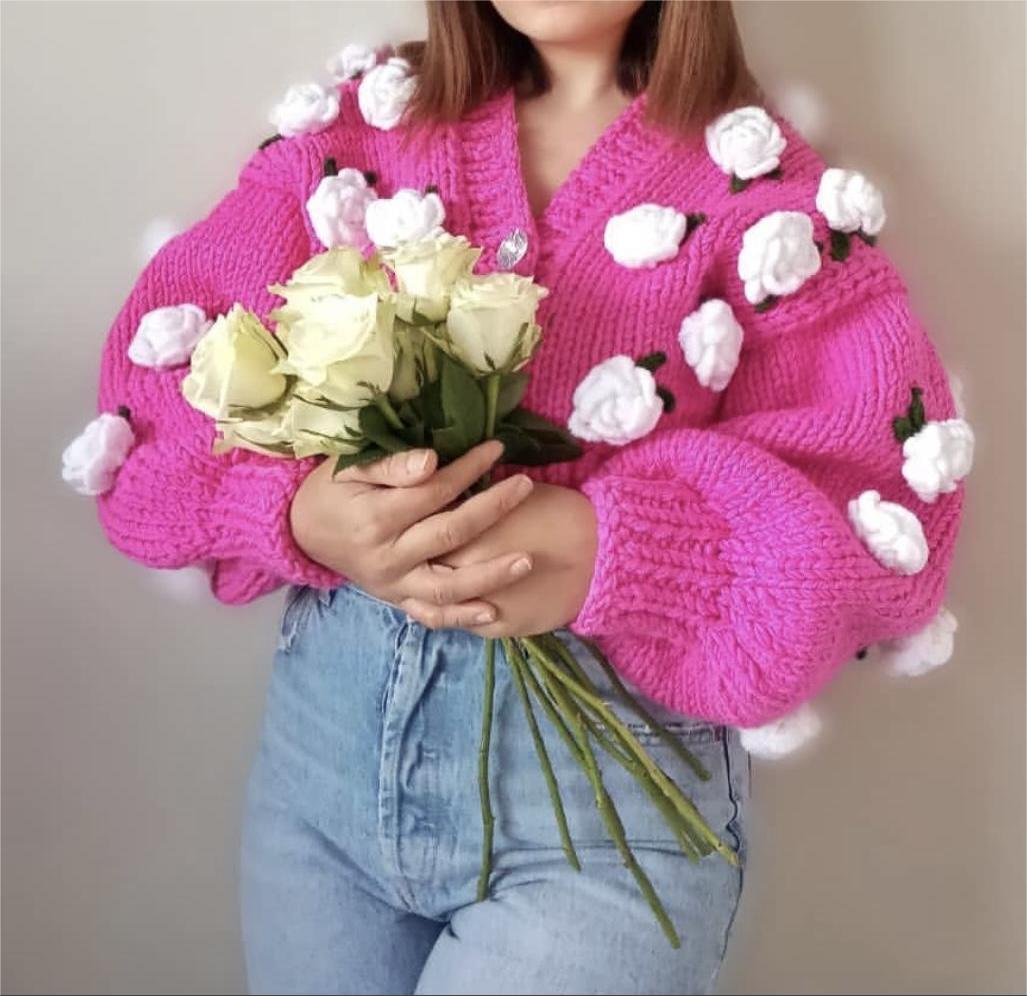 Automne hiver élégant à la main mignon pull à fleurs manteau femmes