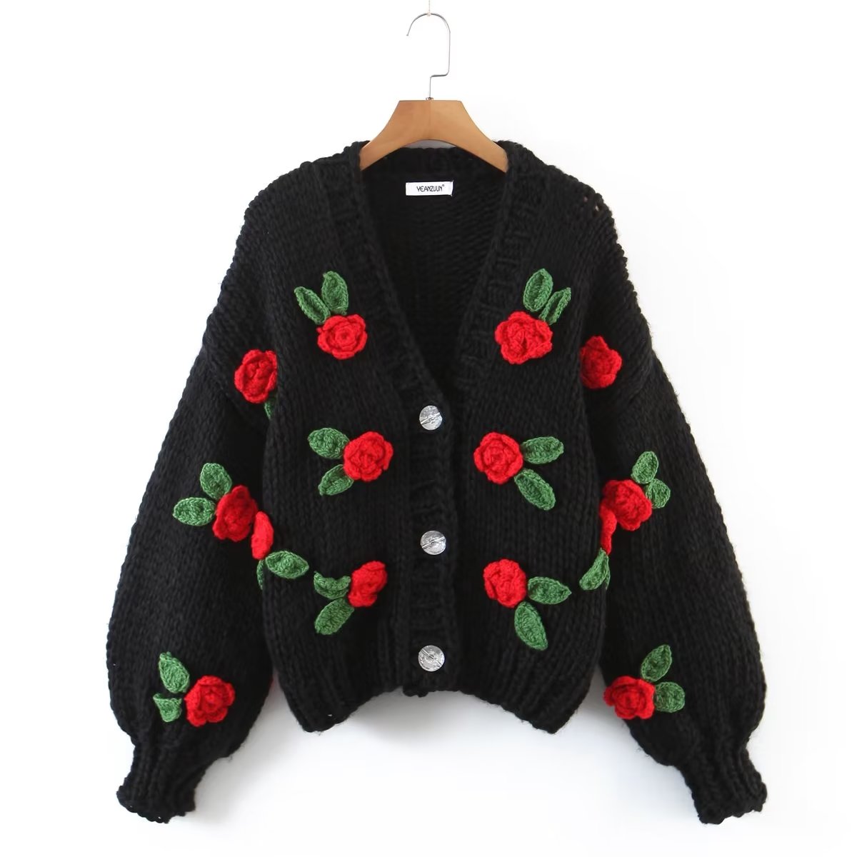 Automne hiver élégant à la main mignon pull à fleurs manteau femmes