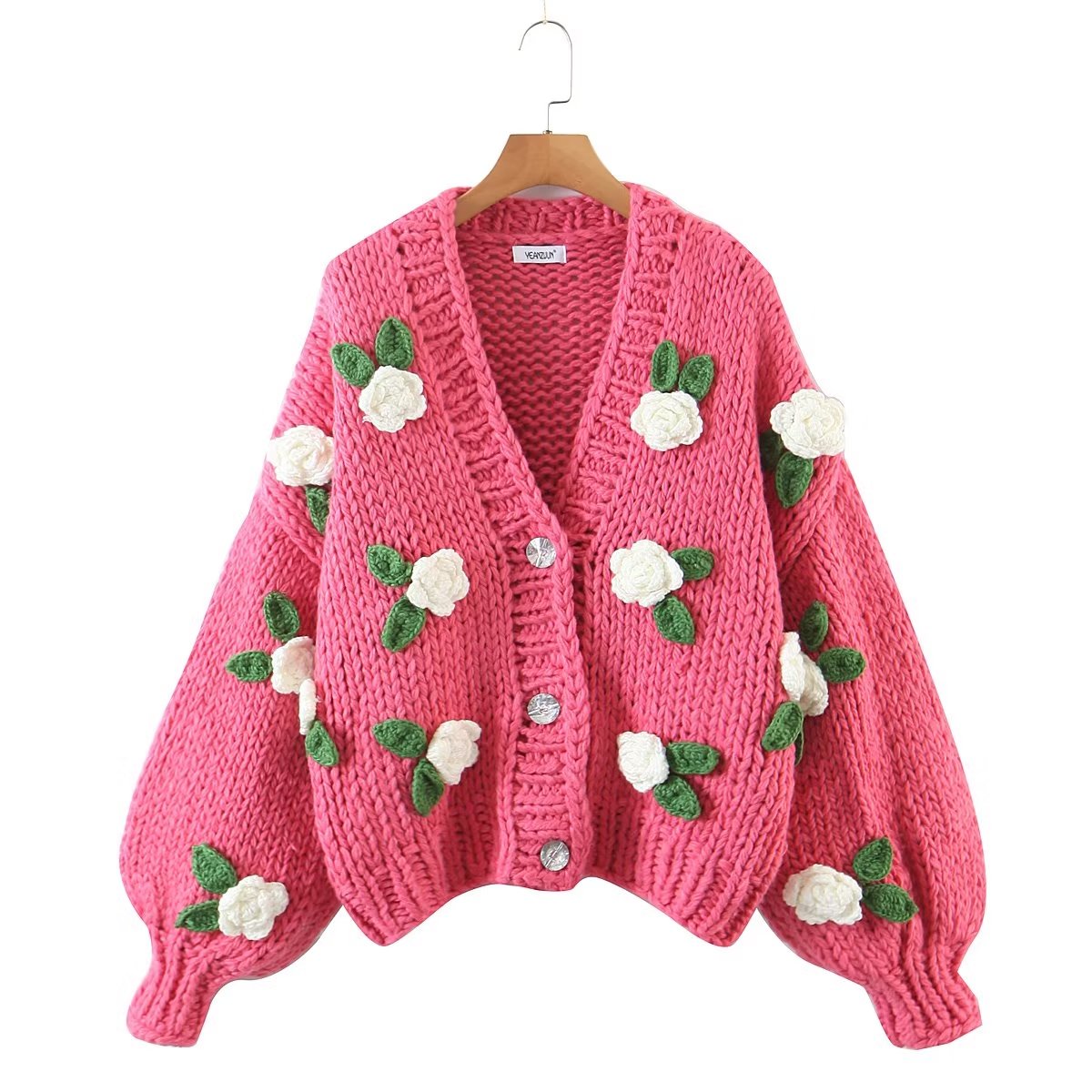 Automne hiver élégant à la main mignon pull à fleurs manteau femmes