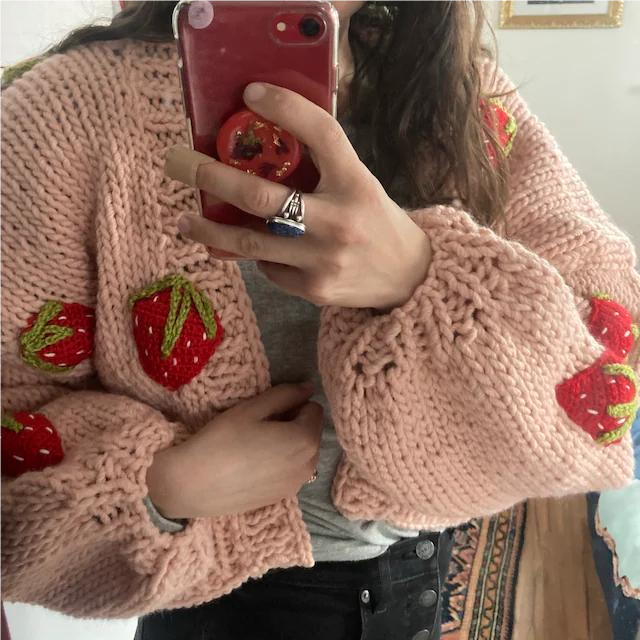 Pull fraise tridimensionnel bicolore fait à la main, Cardigan de couleur contrastée, automne