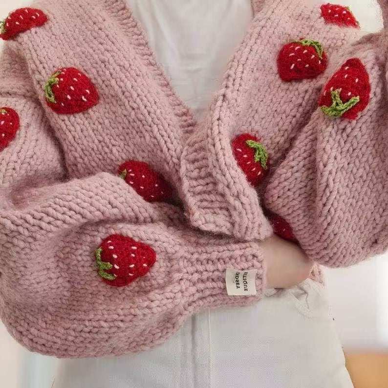 Pull fraise tridimensionnel bicolore fait à la main, Cardigan de couleur contrastée, automne