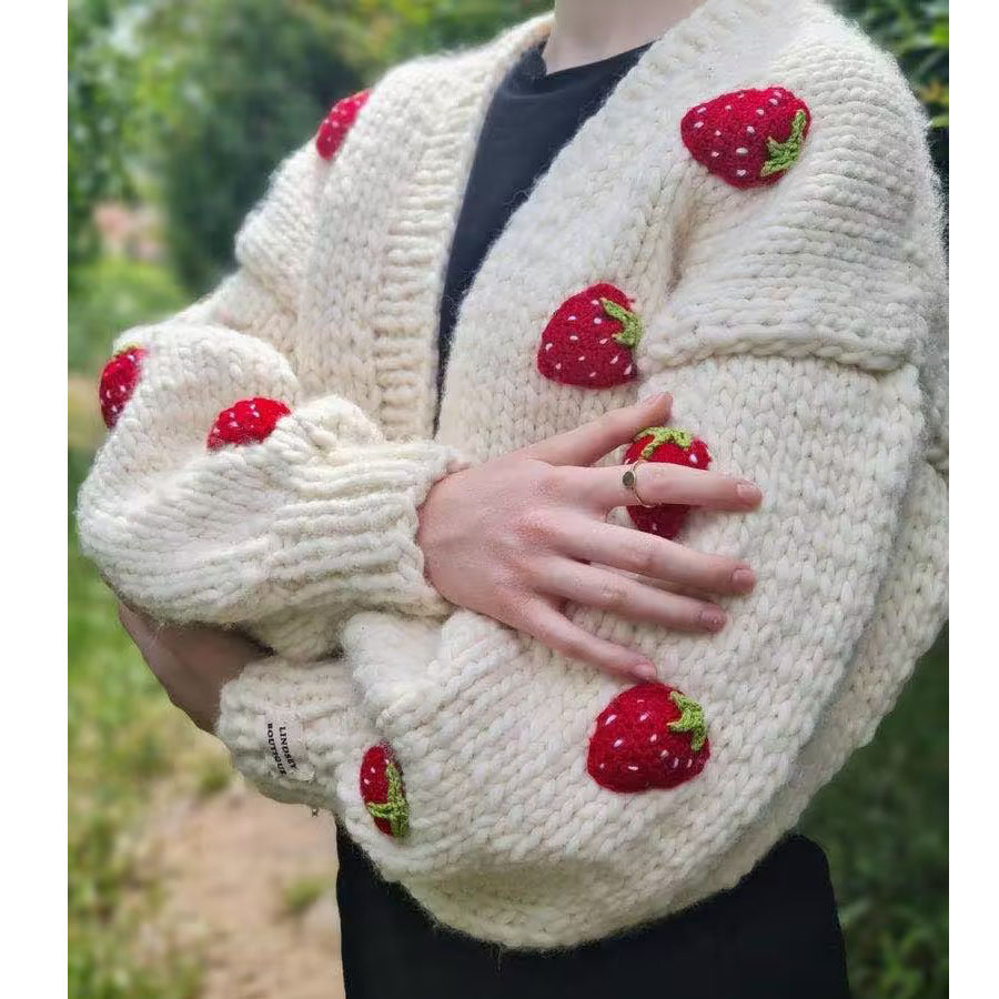 Autumn Two Color Handmade Three Dimensional Strawberry Sweater Contrast Color Cardigan