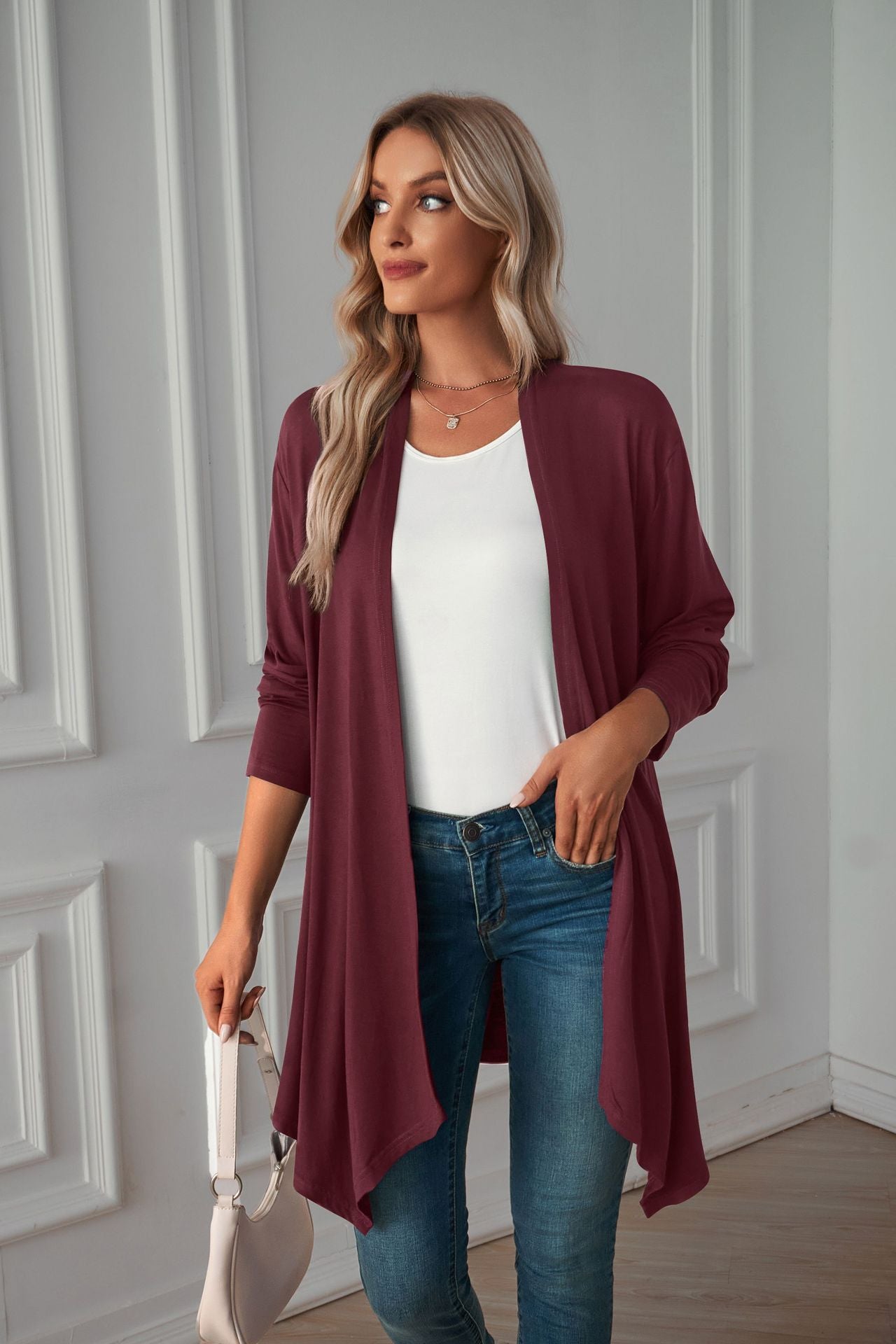 Cardigan Long à manches longues pour femme, vêtements d'automne, couleur unie