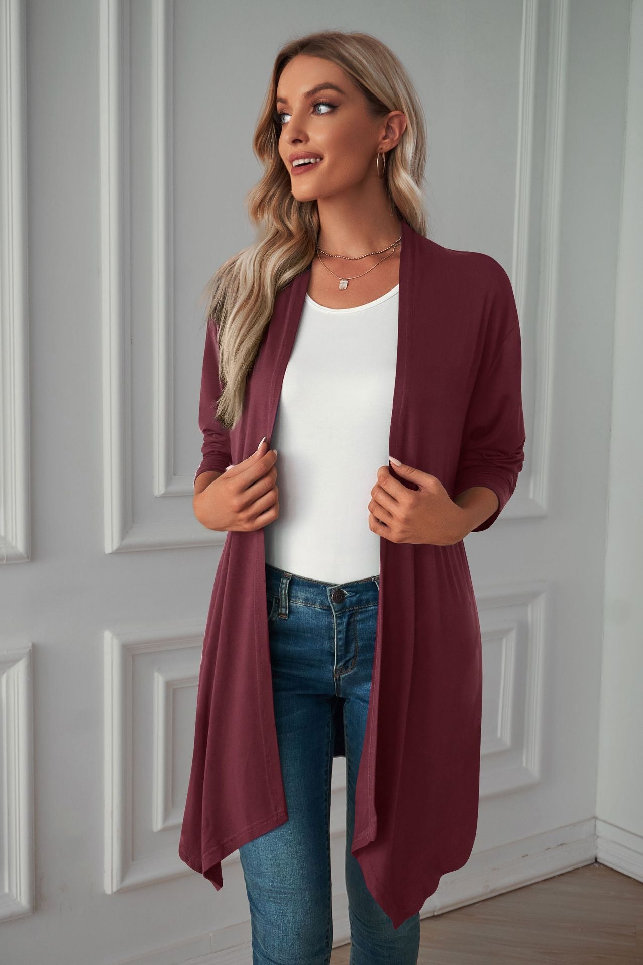 Cardigan Long à manches longues pour femme, vêtements d'automne, couleur unie