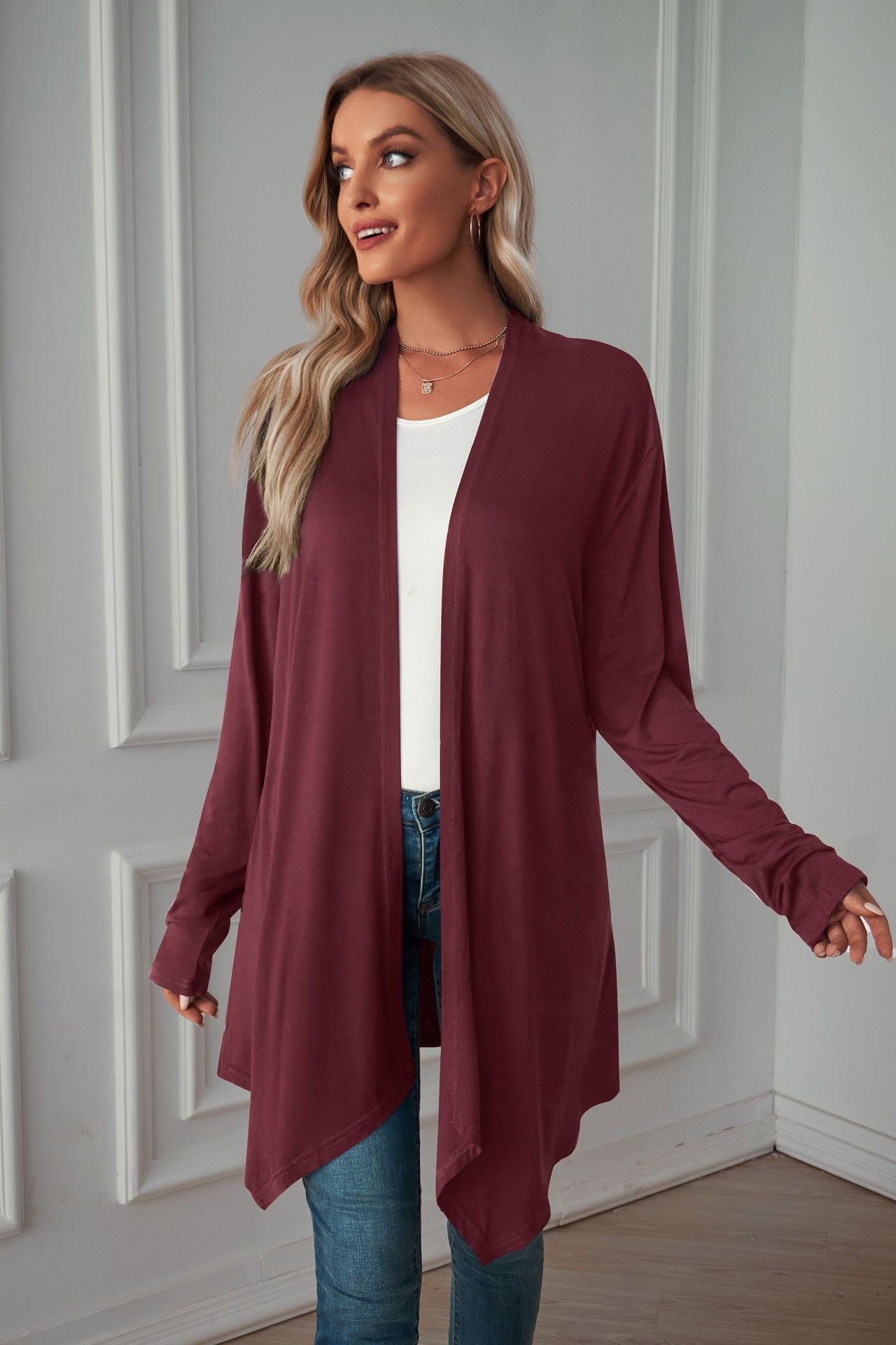 Cardigan Long à manches longues pour femme, vêtements d'automne, couleur unie