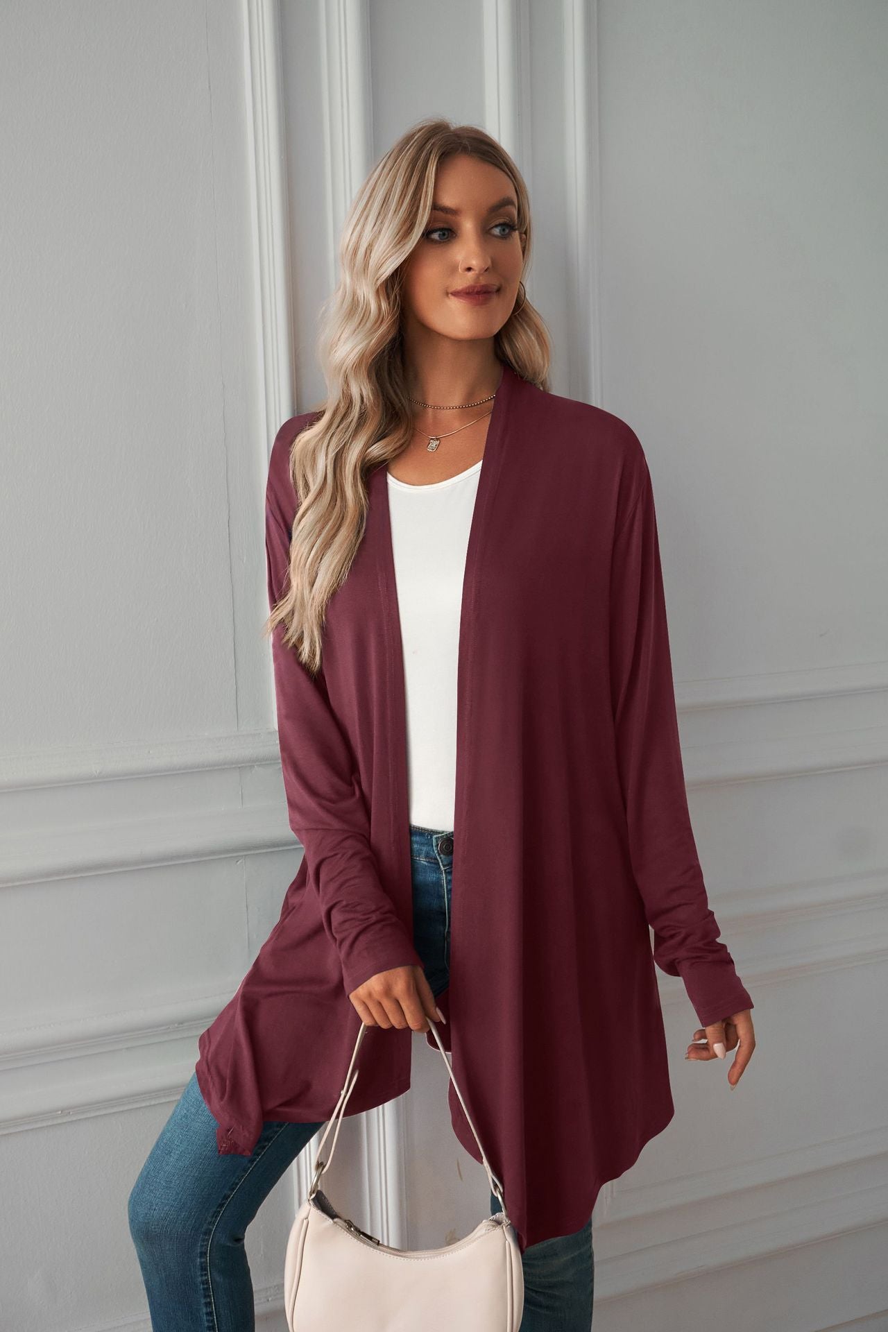 Cardigan Long à manches longues pour femme, vêtements d'automne, couleur unie