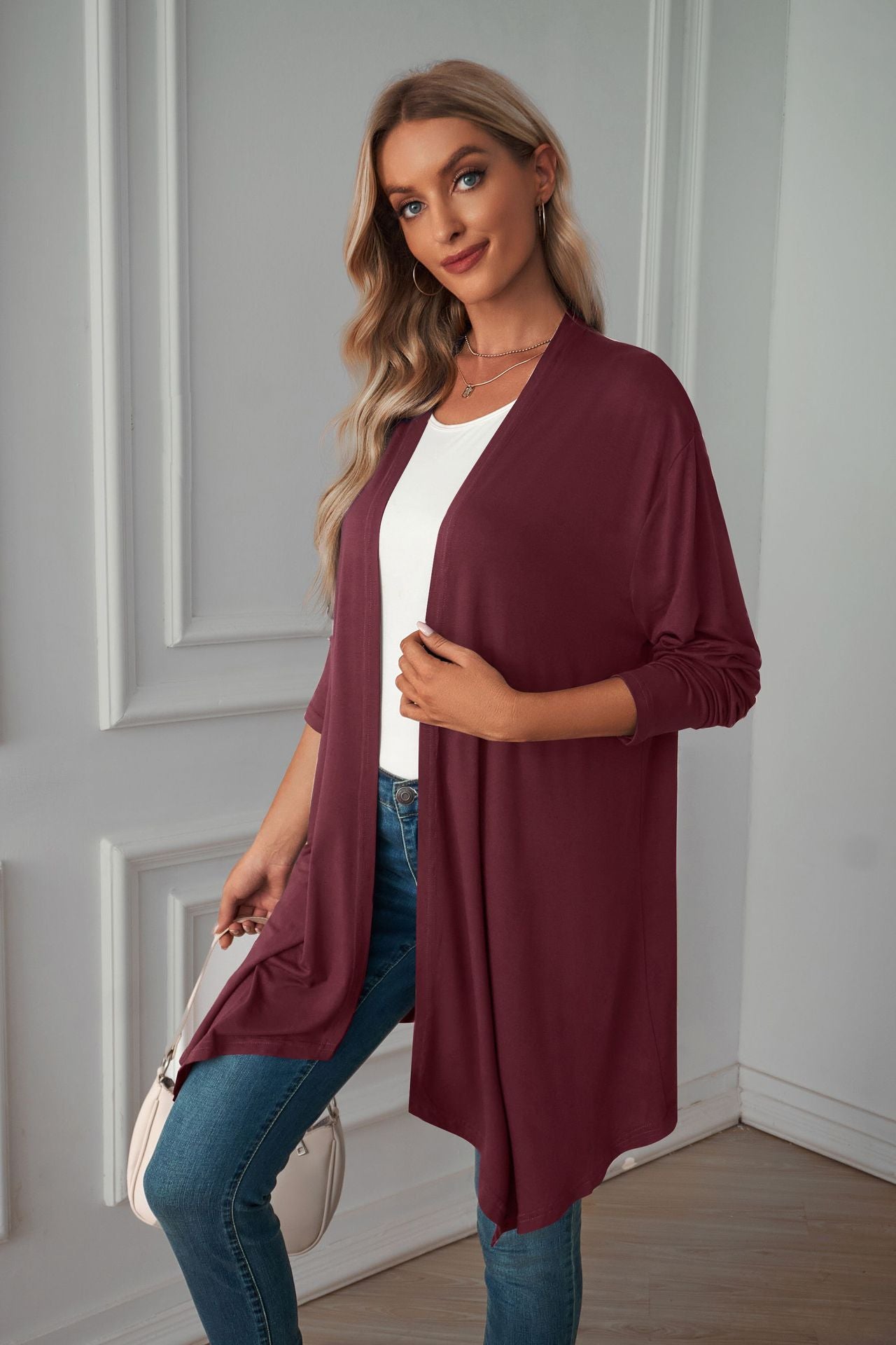 Cardigan Long à manches longues pour femme, vêtements d'automne, couleur unie