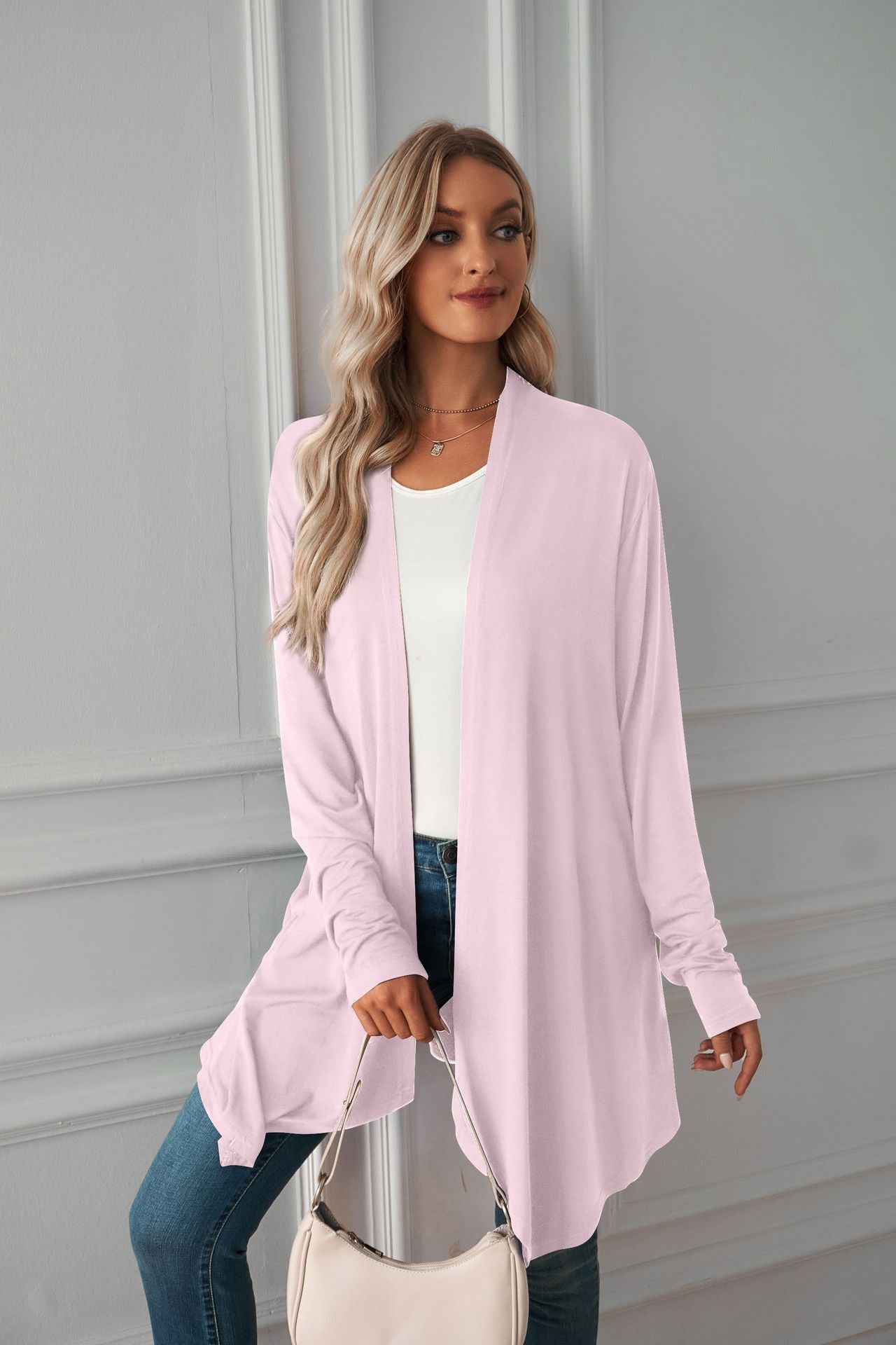 Cardigan Long à manches longues pour femme, vêtements d'automne, couleur unie