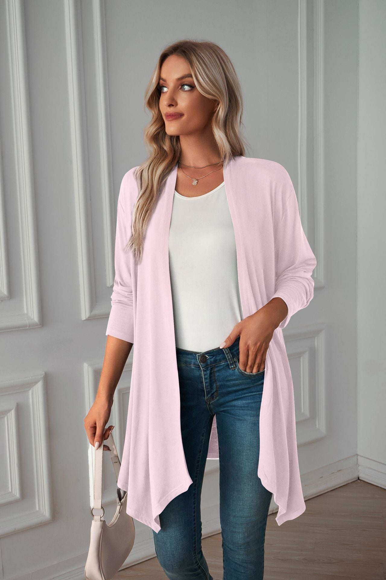 Cardigan Long à manches longues pour femme, vêtements d'automne, couleur unie