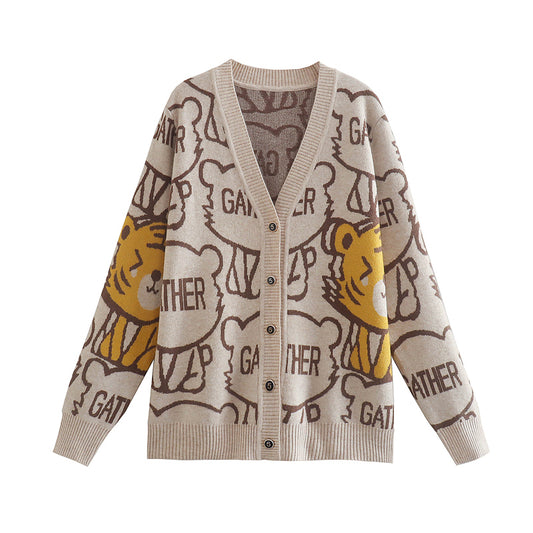 Printemps dessin animé tigre Jacquard tricoté Cardigan fil de base col en V Double boutonnage pull