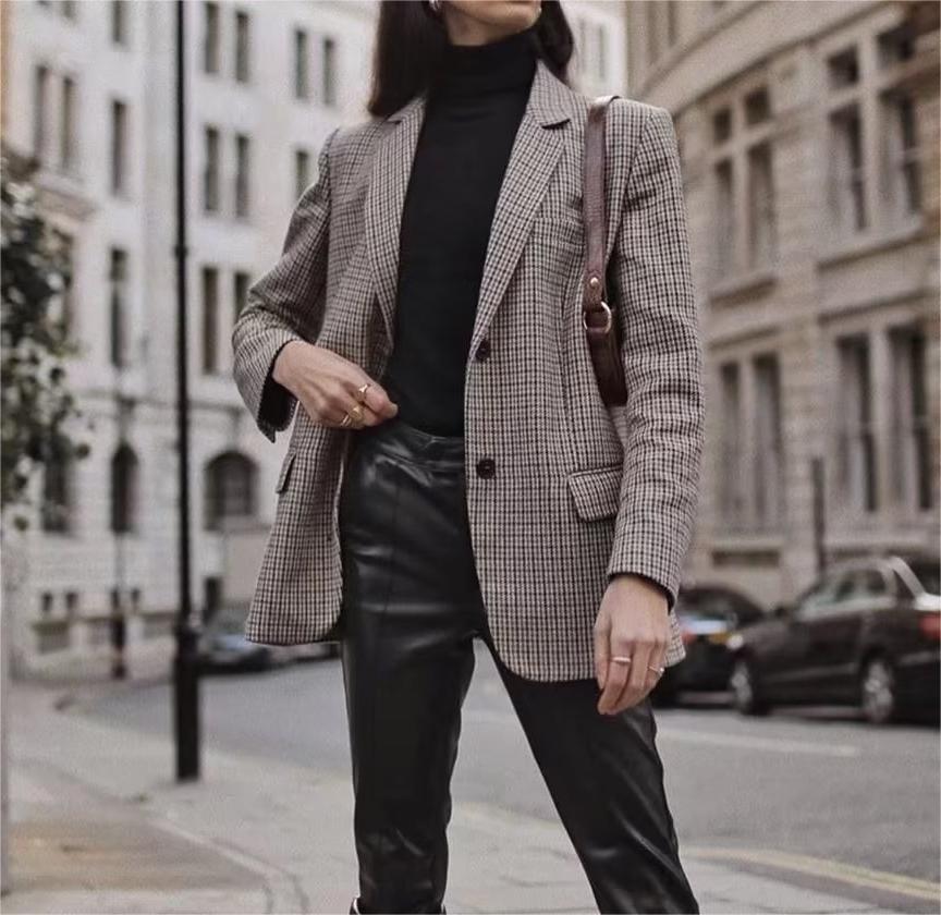 Blazer de pata de gallo cepillado para mujer de otoño