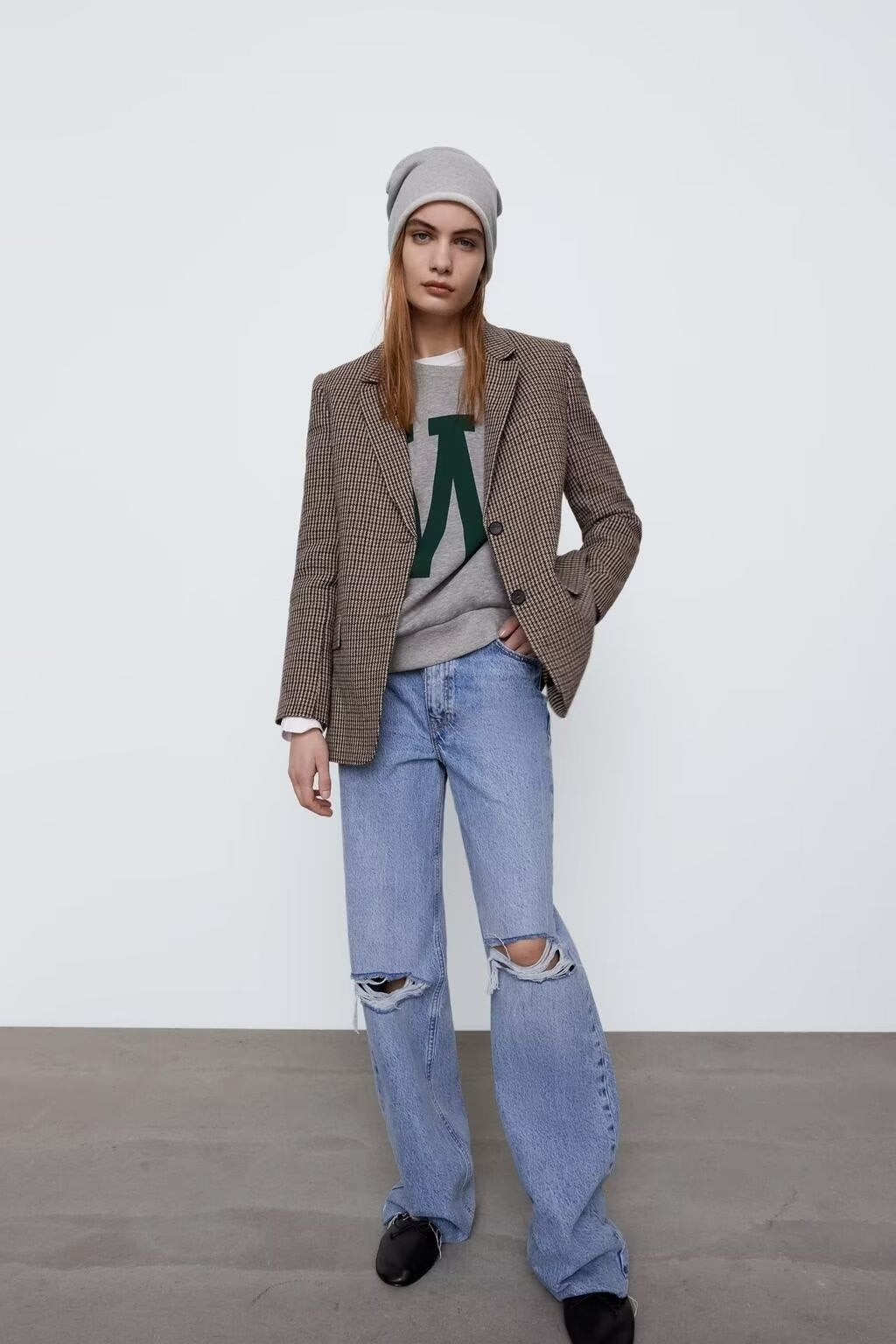 Blazer de pata de gallo cepillado para mujer de otoño