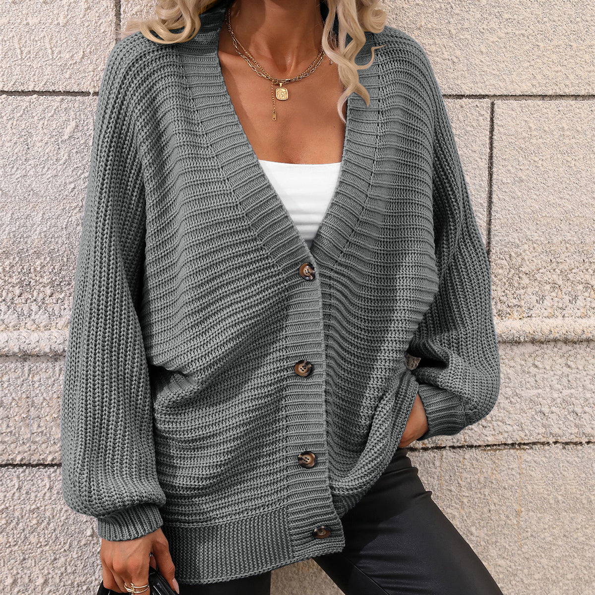 Automne Hiver Tricot Femmes Simple Boutonnage Couleur Unie Tricoté Cardigan Pull Ample Femmes