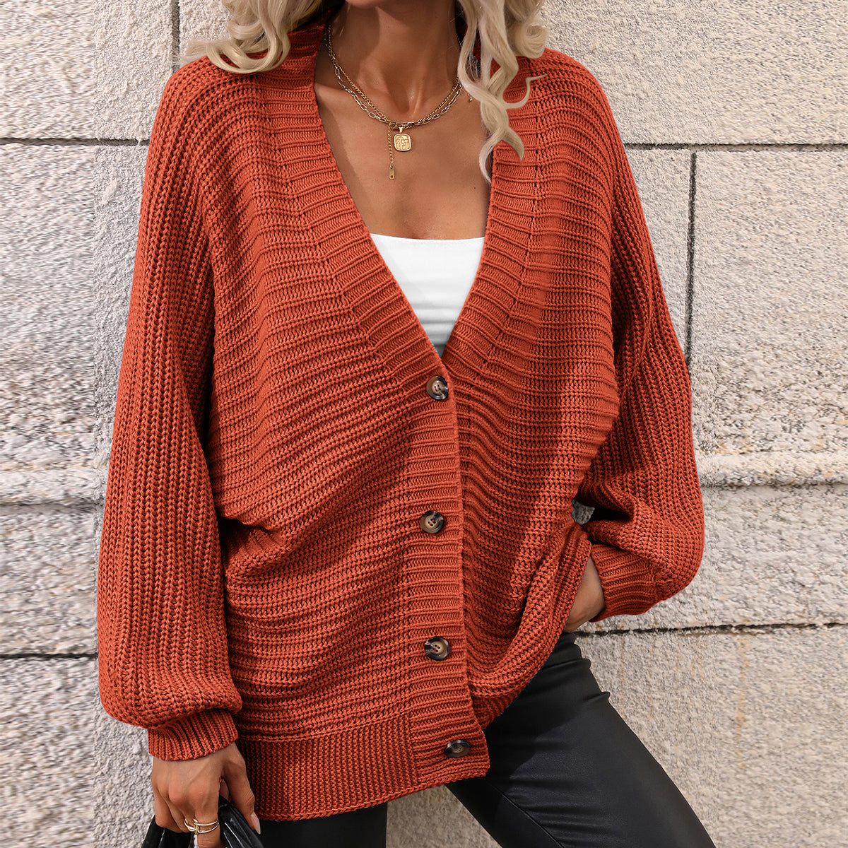 Automne Hiver Tricot Femmes Simple Boutonnage Couleur Unie Tricoté Cardigan Pull Ample Femmes