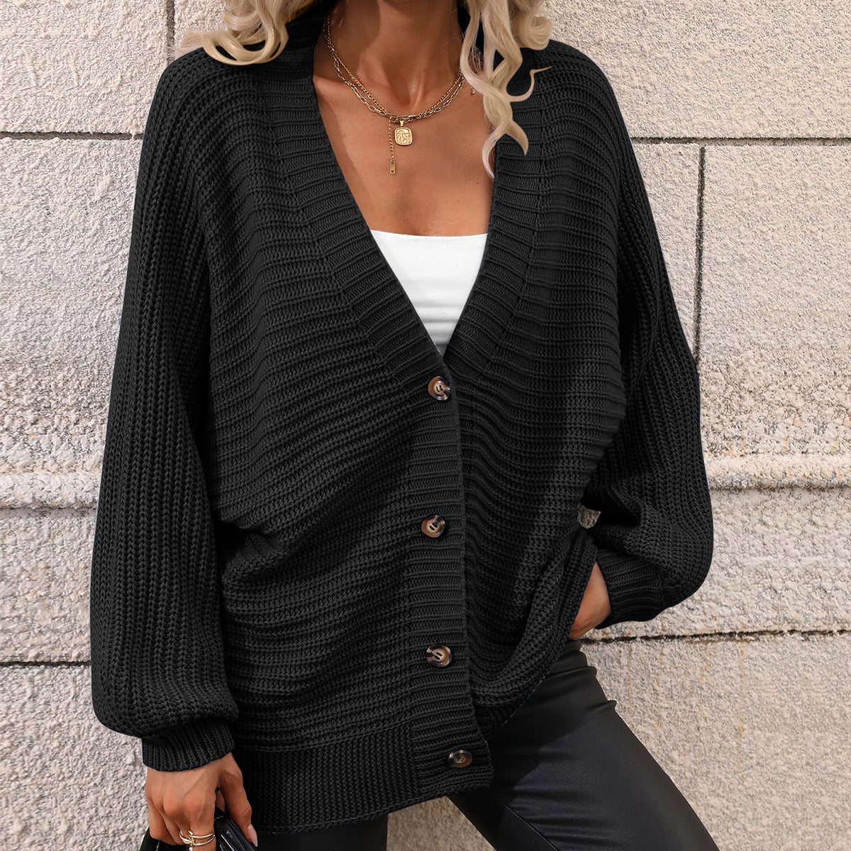 Automne Hiver Tricot Femmes Simple Boutonnage Couleur Unie Tricoté Cardigan Pull Ample Femmes