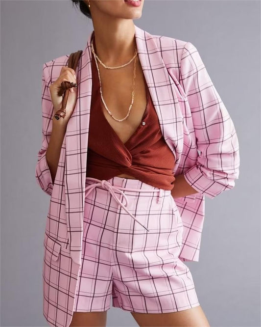 Ropa de mujer de otoño Blazer a cuadros rosa con mangas de nueve cuartos