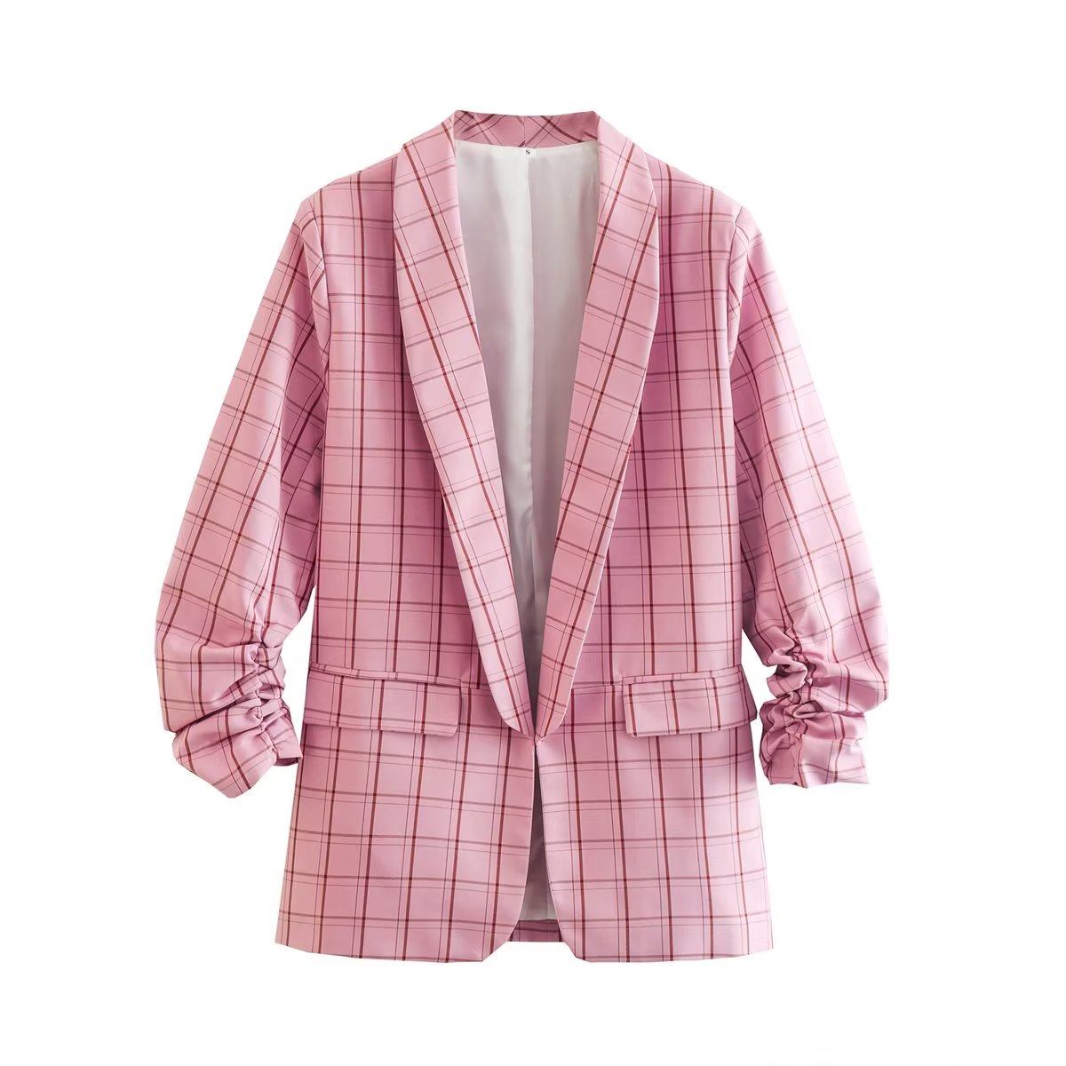 Ropa de mujer de otoño Blazer a cuadros rosa con mangas de nueve cuartos